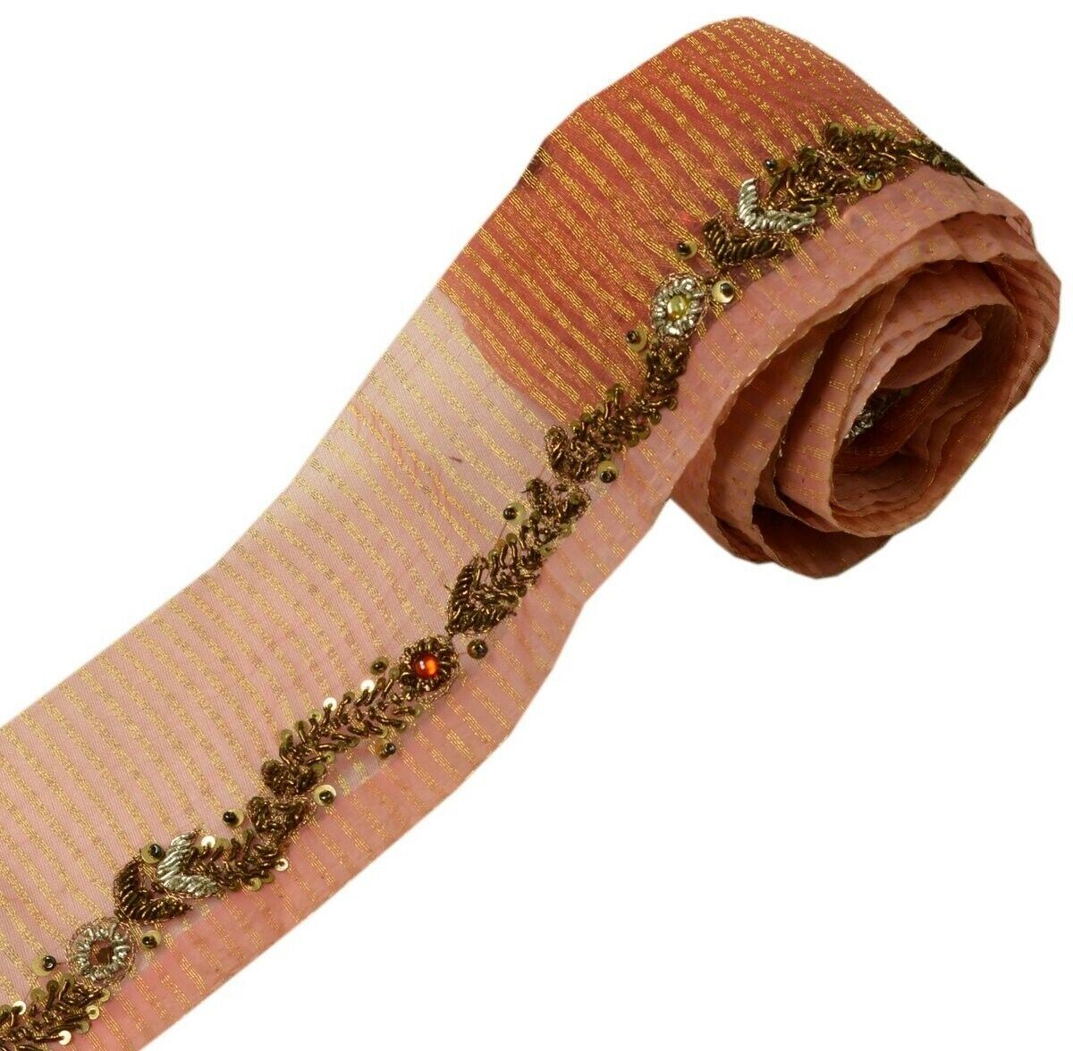 Vintage Saree Border Indian Craft Trim Hand Beaded Zardozi Ribbon Lace Peach