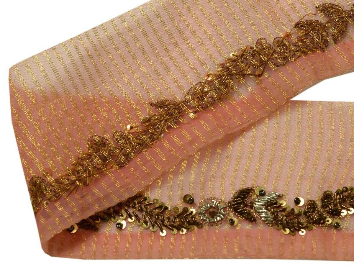 Vintage Saree Border Indian Craft Trim Hand Beaded Zardozi Ribbon Lace Peach