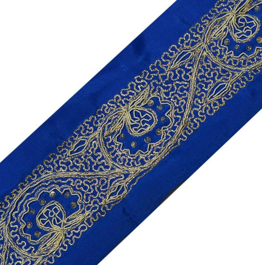 Vintage Saree Border Indian Craft Trim Hand Beaded Embroidered Royal Blue Lace