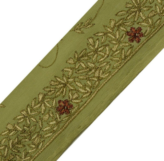 Vintage Saree Border Indian Craft Trim Hand Embroidered Green Sewing Ribbon Lace