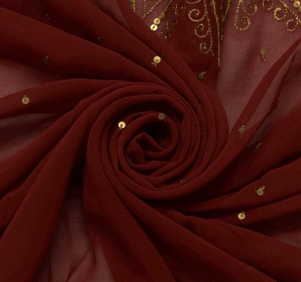 Blend Georgette Silk Vintage Sari Remnant Scrap Fabric for Sewing Craft Maroon