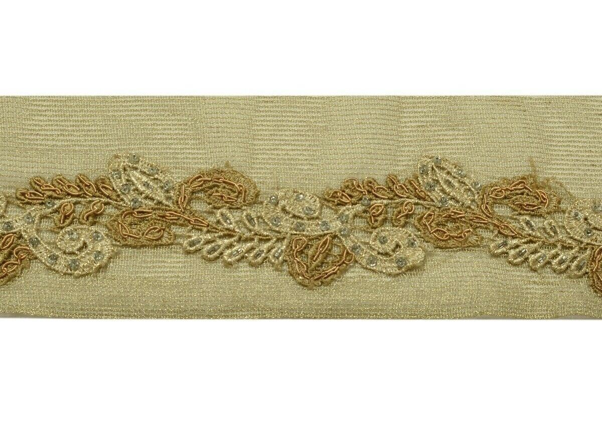Vintage Saree Border Indian Craft Trim Hand Beaded Floral Net Sewing Ribbon Lace