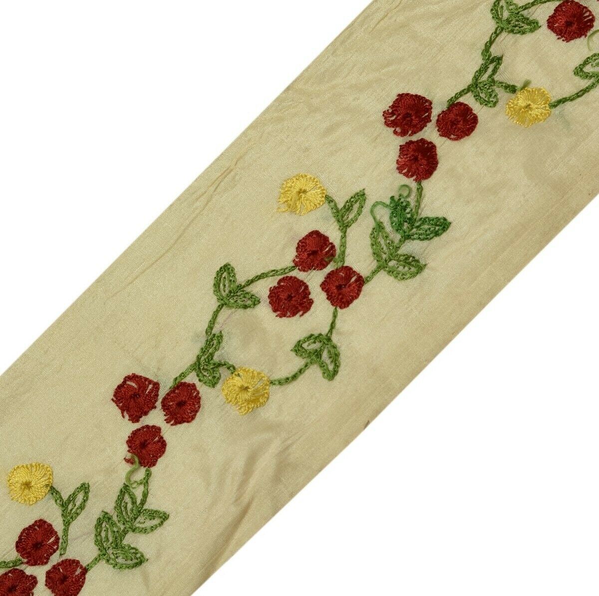 Vintage Saree Border Indian Craft Trim Hand Embroidered Floral Cream Ribbon Lace