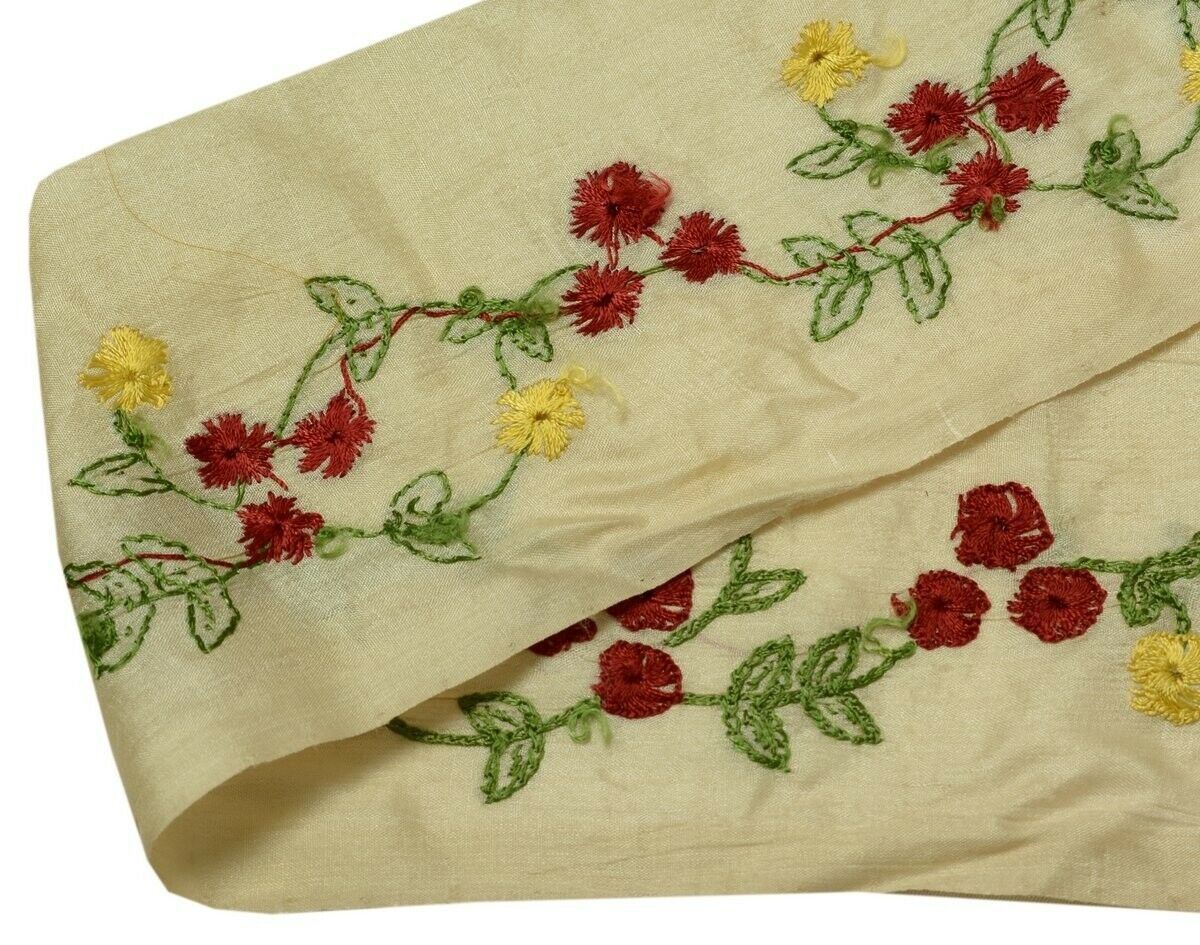 Vintage Saree Border Indian Craft Trim Hand Embroidered Floral Cream Ribbon Lace