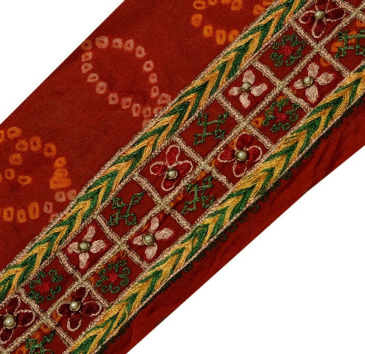 Vintage Saree Border Indian Craft Trim Hand Embroidered Dark Red Ribbon Lace