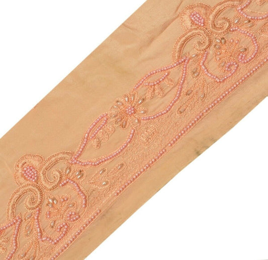 Vintage Saree Border Indian Craft Trim Beaded Embroidered Ribbon Lace Peach