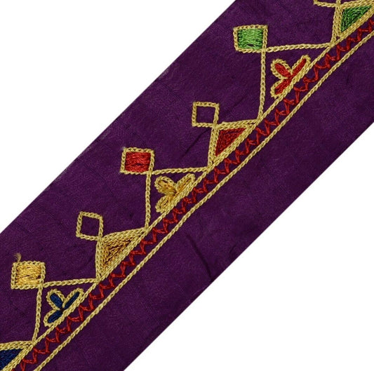 Vintage Saree Border Indian Craft Trim Embroidered Purple Sewing Ribbon Lace