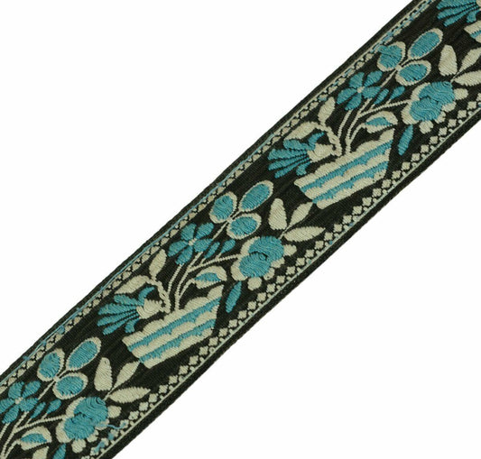 Vintage Saree Border Indian Craft Trim Antique Woven Floral Black Ribbon Lace