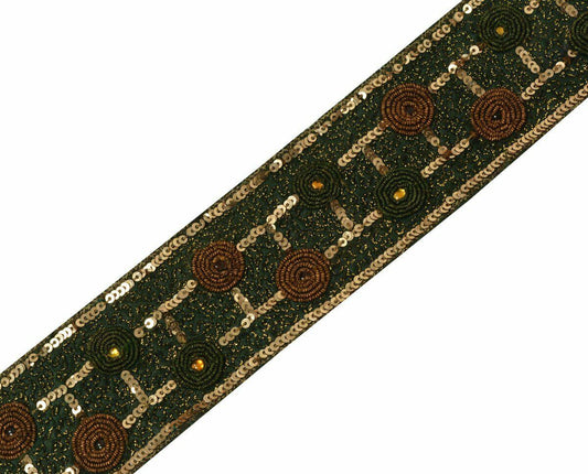 Antique Vintage Saree Border Craft Trim Hand Beaded Embroidered Green Ribbon