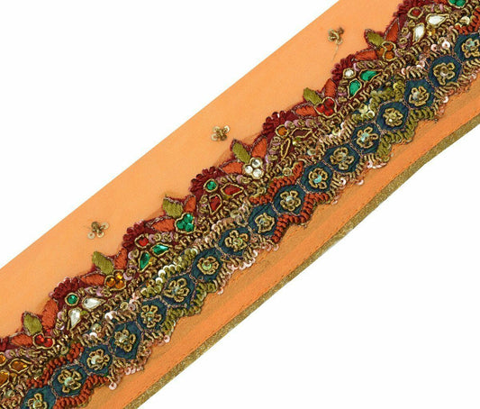 Antique Vintage Sari Border Indian Craft Trim Hand Beaded Embroidered Lace Peach