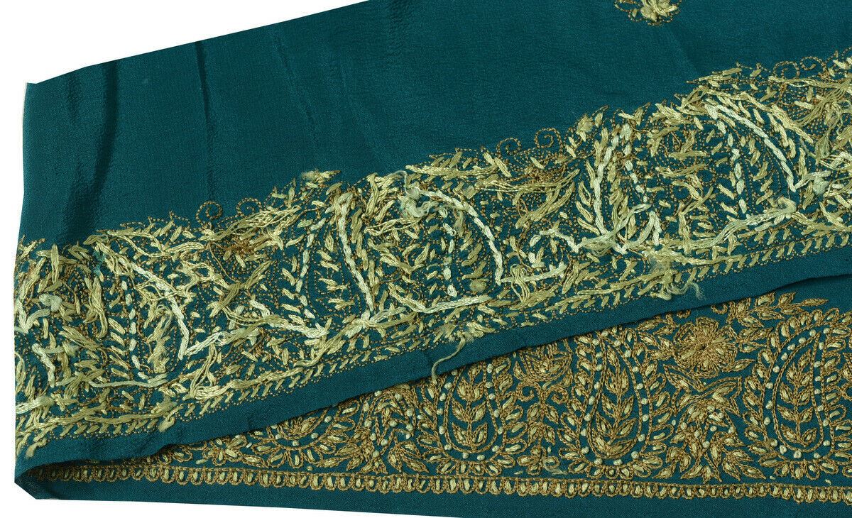 Antique Vtg Saree Border Indian Craft Trim Hand Embroidered Paisley Green Lace