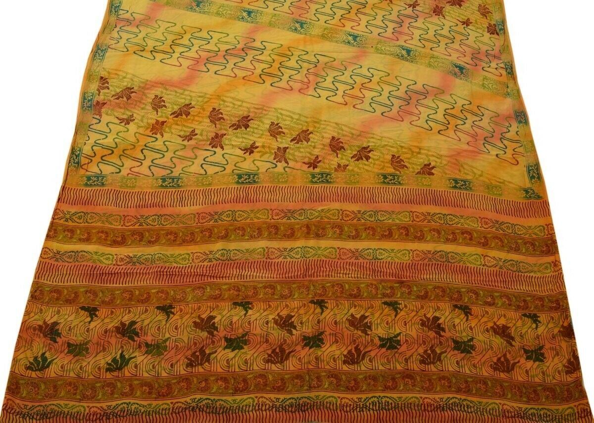 Vintage Indian Saree 100% Pure Crepe Silk Printed Soft Scrap Fabric for Craft