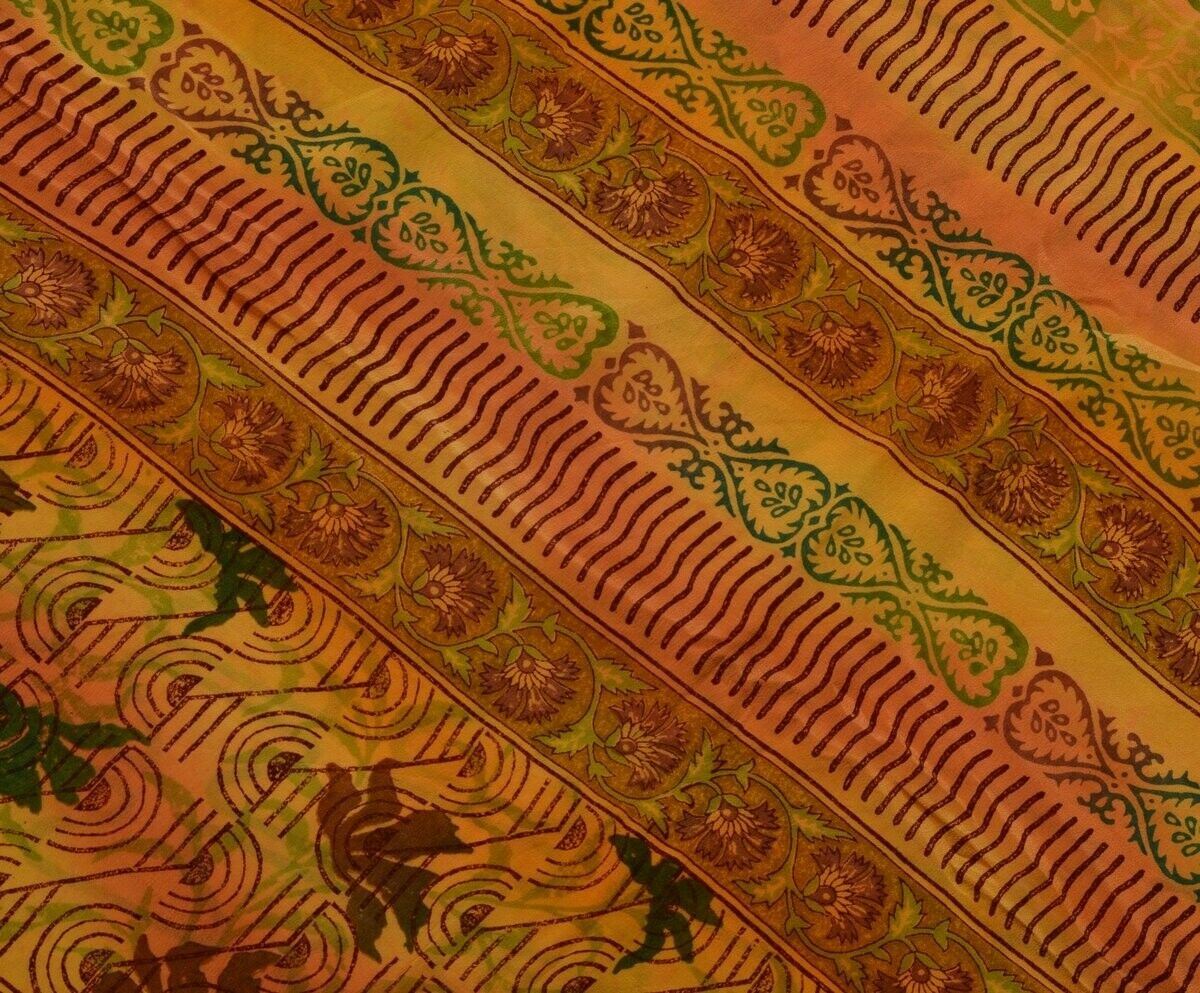 Vintage Indian Saree 100% Pure Crepe Silk Printed Soft Scrap Fabric for Craft