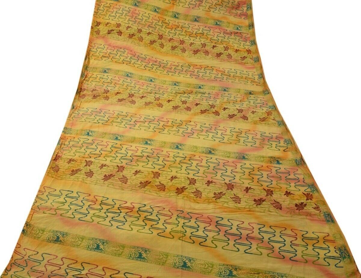 Vintage Indian Saree 100% Pure Crepe Silk Printed Soft Scrap Fabric for Craft