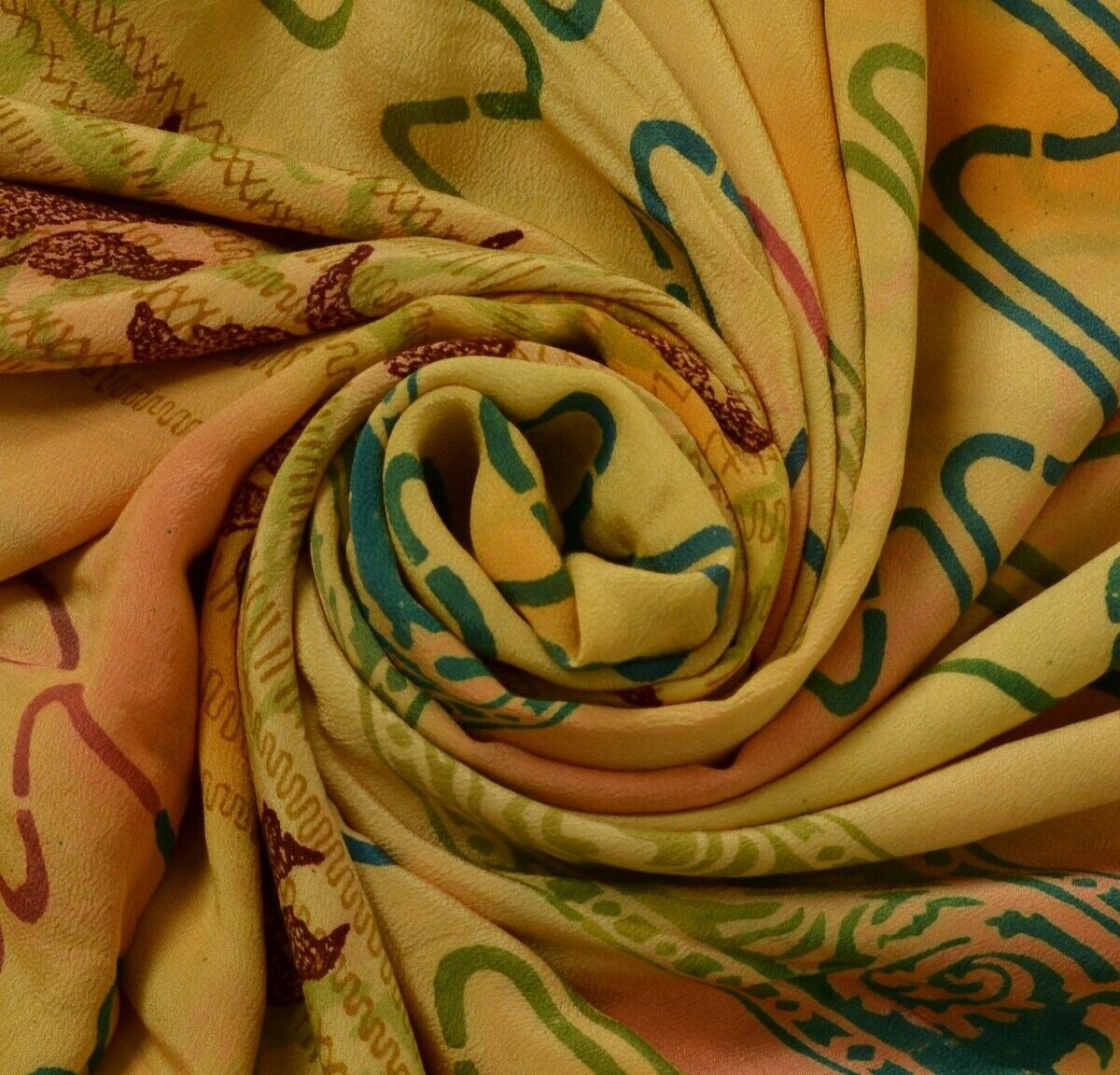 Vintage Indian Saree 100% Pure Crepe Silk Printed Soft Scrap Fabric for Craft