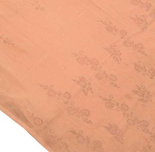 Vintage Saree Blend Chiffon Art Silk Embroidered Scrap Fabric for Craft Peach