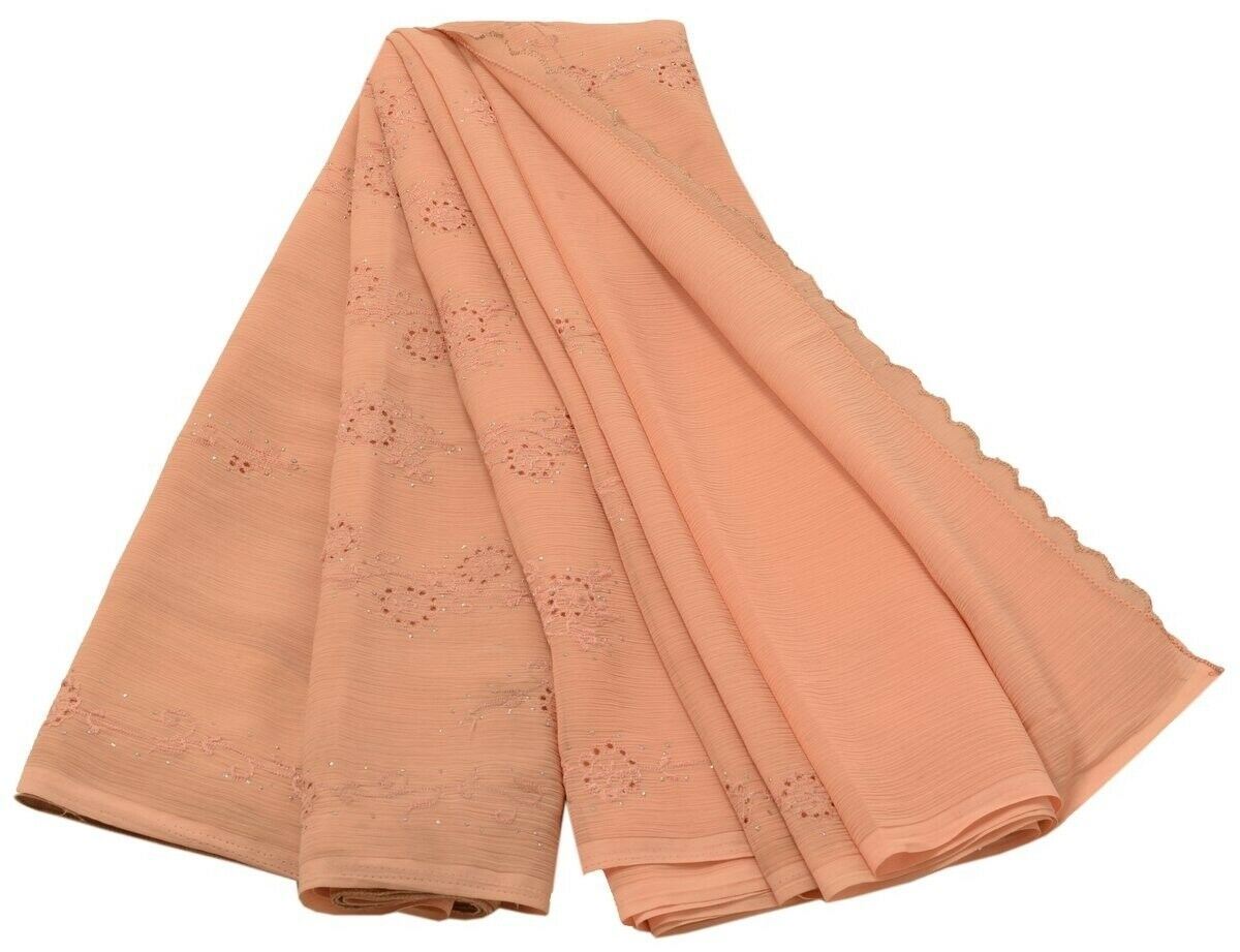 Vintage Saree Blend Chiffon Art Silk Embroidered Scrap Fabric for Craft Peach