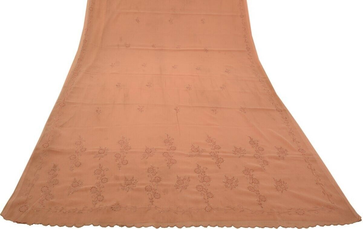 Vintage Saree Blend Chiffon Art Silk Embroidered Scrap Fabric for Craft Peach