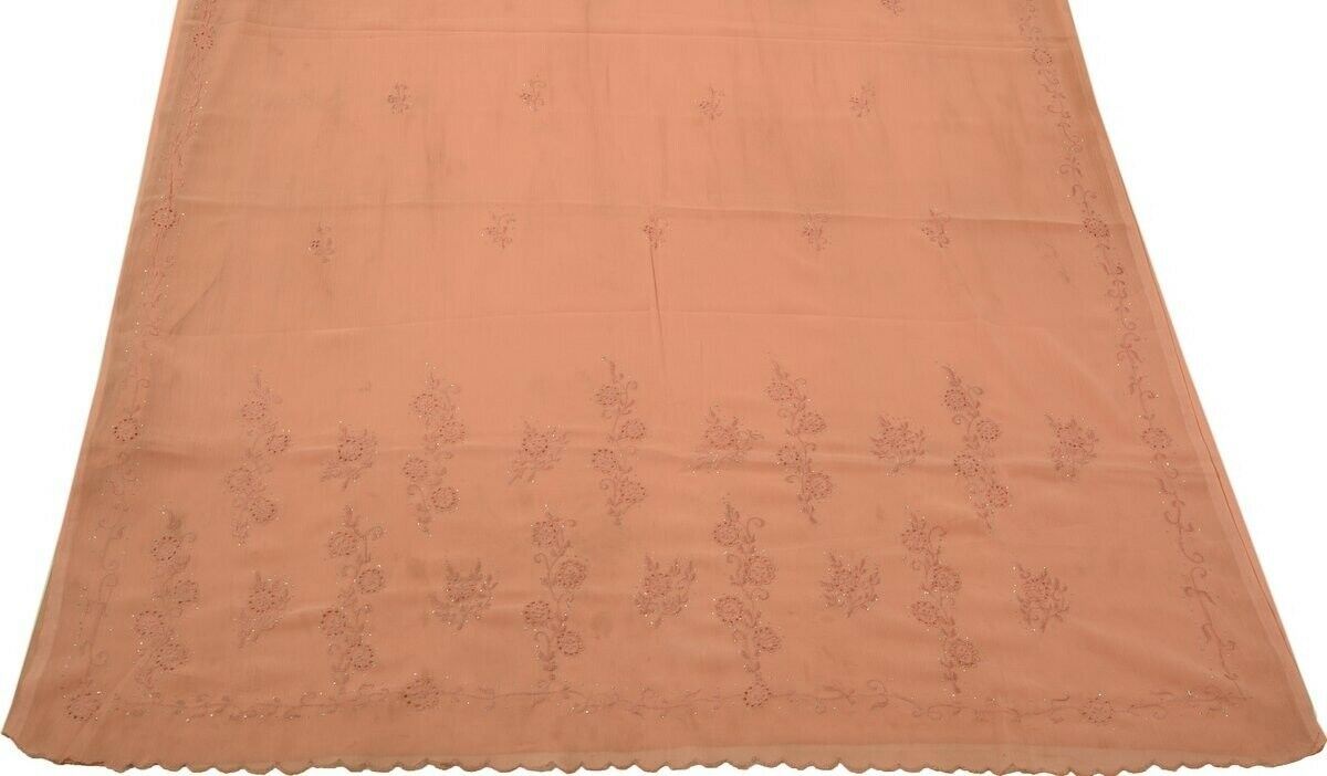 Vintage Saree Blend Chiffon Art Silk Embroidered Scrap Fabric for Craft Peach