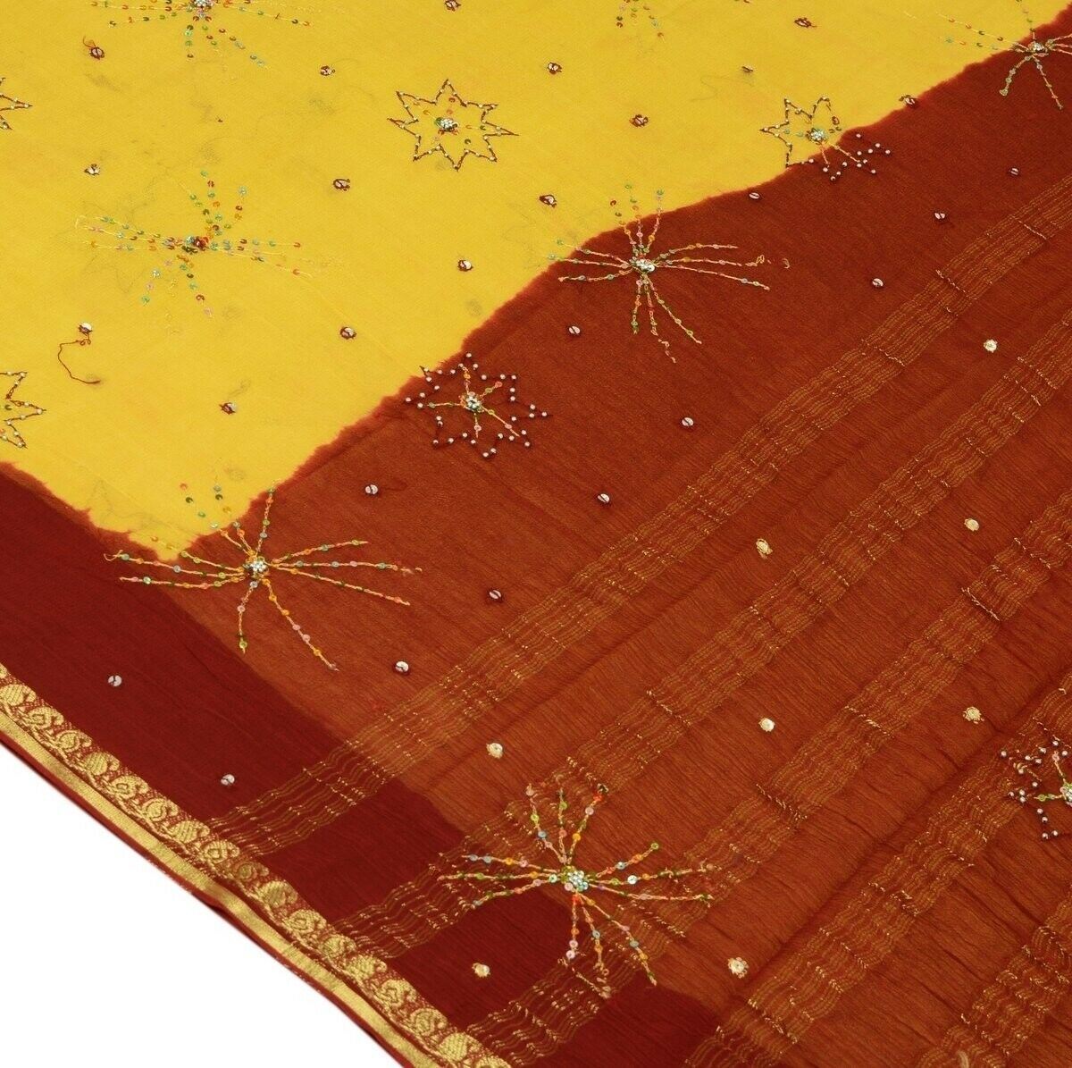 Vintage Saree Hand Beaded Embroidered Scrap Georgette Fabric for Craft Green