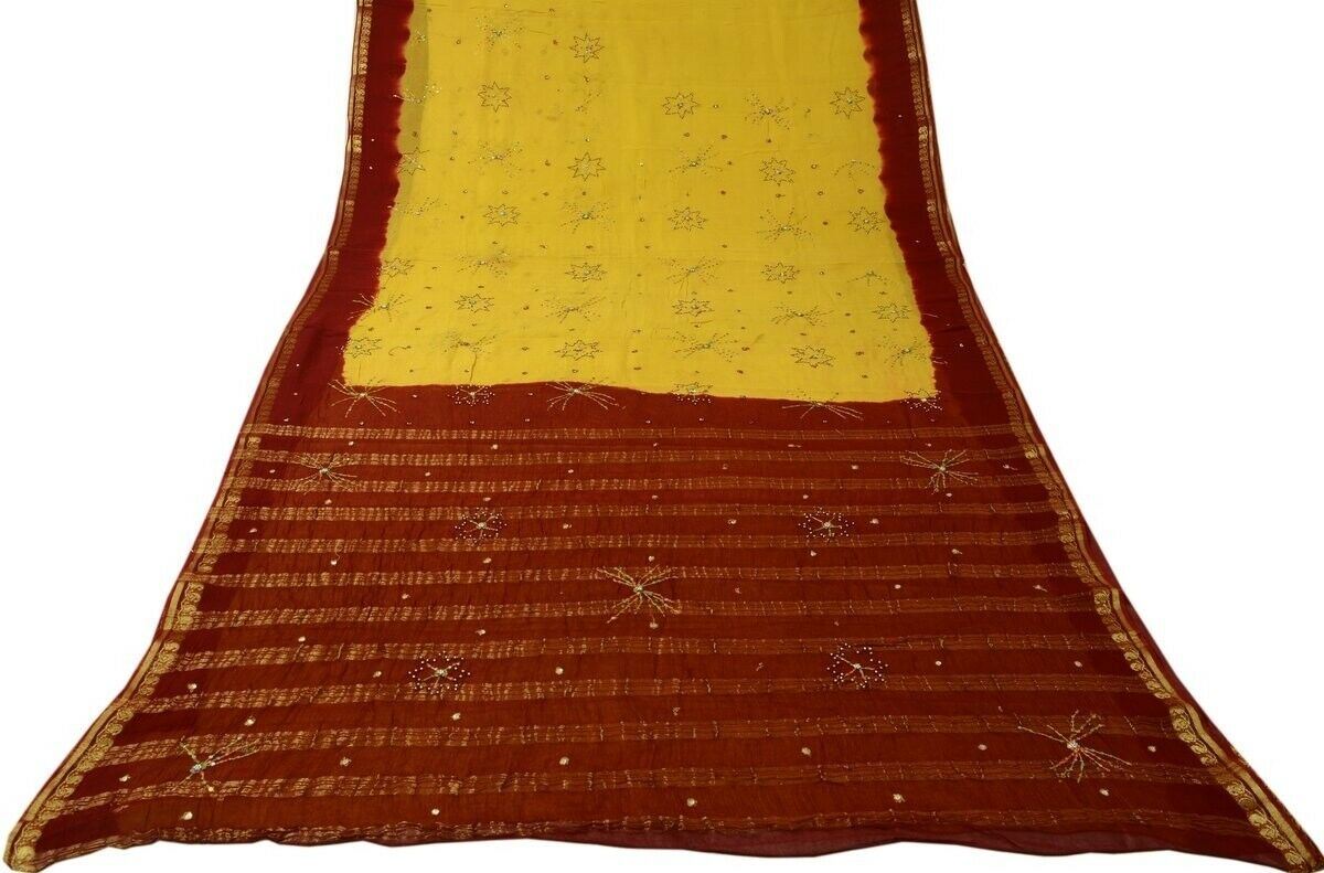 Vintage Saree Hand Beaded Embroidered Scrap Georgette Fabric for Craft Green