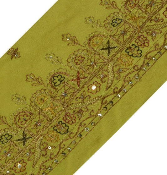 Vintage Sari Border Indian Craft Trim Embroidered Pure Crepe Green Ribbon Lace