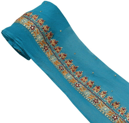 Vintage Sari Border Indian Craft Trim Hand Embroidered Sewing Ribbon Lace Blue