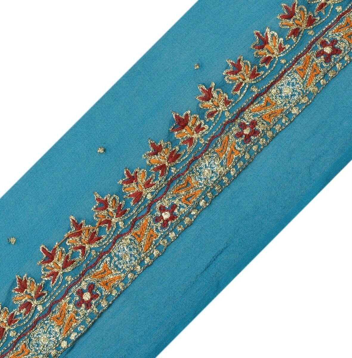 Vintage Sari Border Indian Craft Trim Hand Embroidered Sewing Ribbon Lace Blue