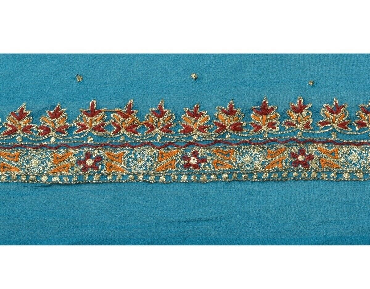 Vintage Sari Border Indian Craft Trim Hand Embroidered Sewing Ribbon Lace Blue