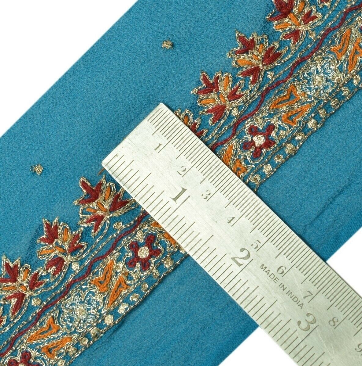 Vintage Sari Border Indian Craft Trim Hand Embroidered Sewing Ribbon Lace Blue