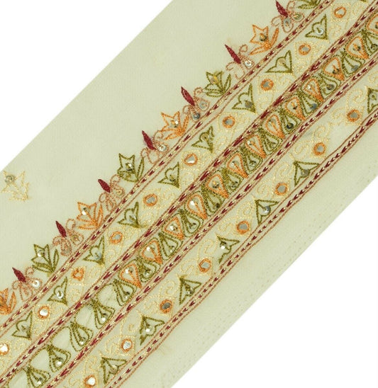 Vintage Sari Border Indian Craft Trim Embroidered Mirror Work Cream Ribbon Lace