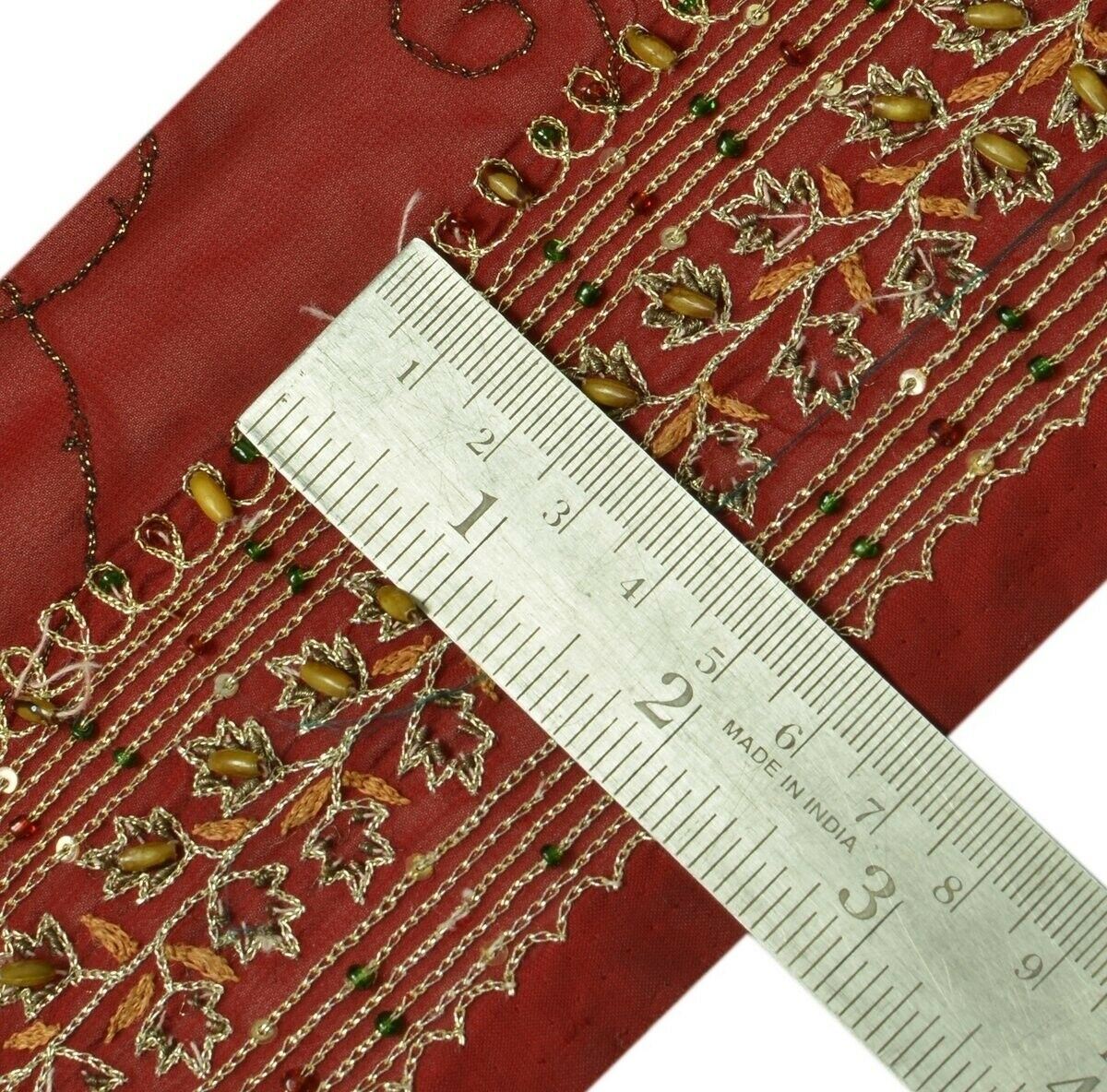 Vintage Sari Border Indian Craft Trim Hand Beaded Embroidered Ribbon Lace Maroon