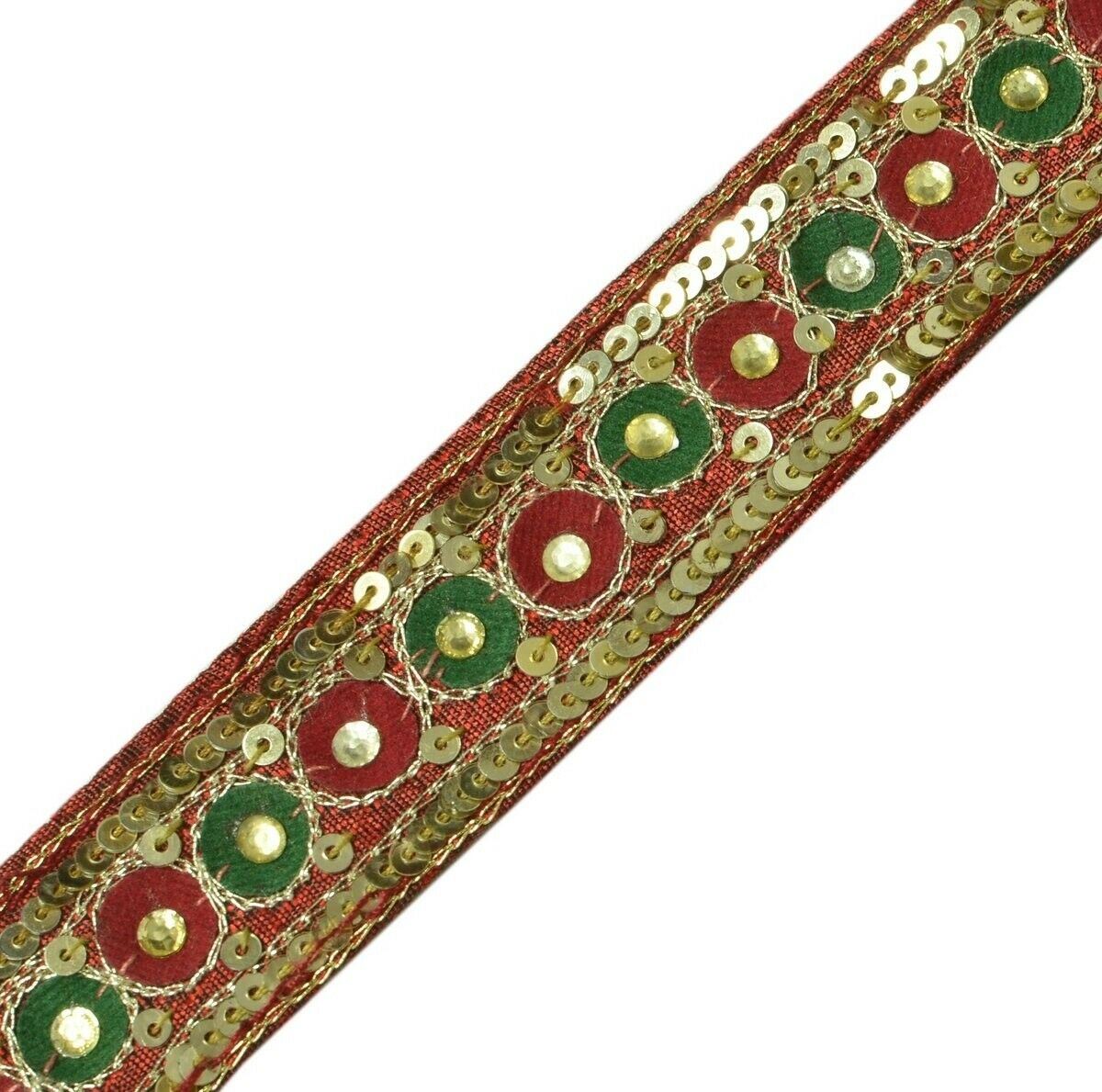 Vintage Sari Border Indian Craft Trim Sequins Embroidered Deep Red Ribbon Lace