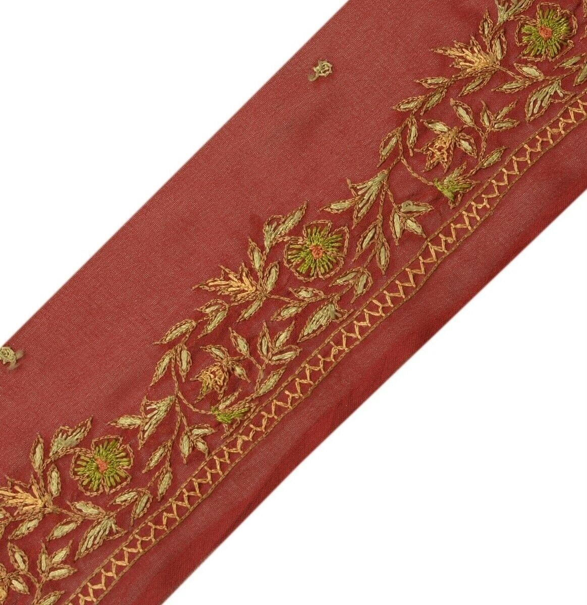 Vintage Sari Border Indian Craft Trim Hand Embroidered Deep Red Ribbon Lace