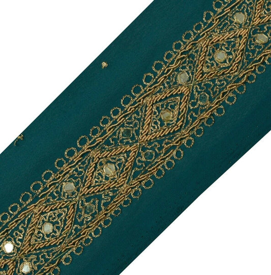 Vintage Sari Border Indian Craft Trim Hand Beaded Zardozi Embroidered Lace Green