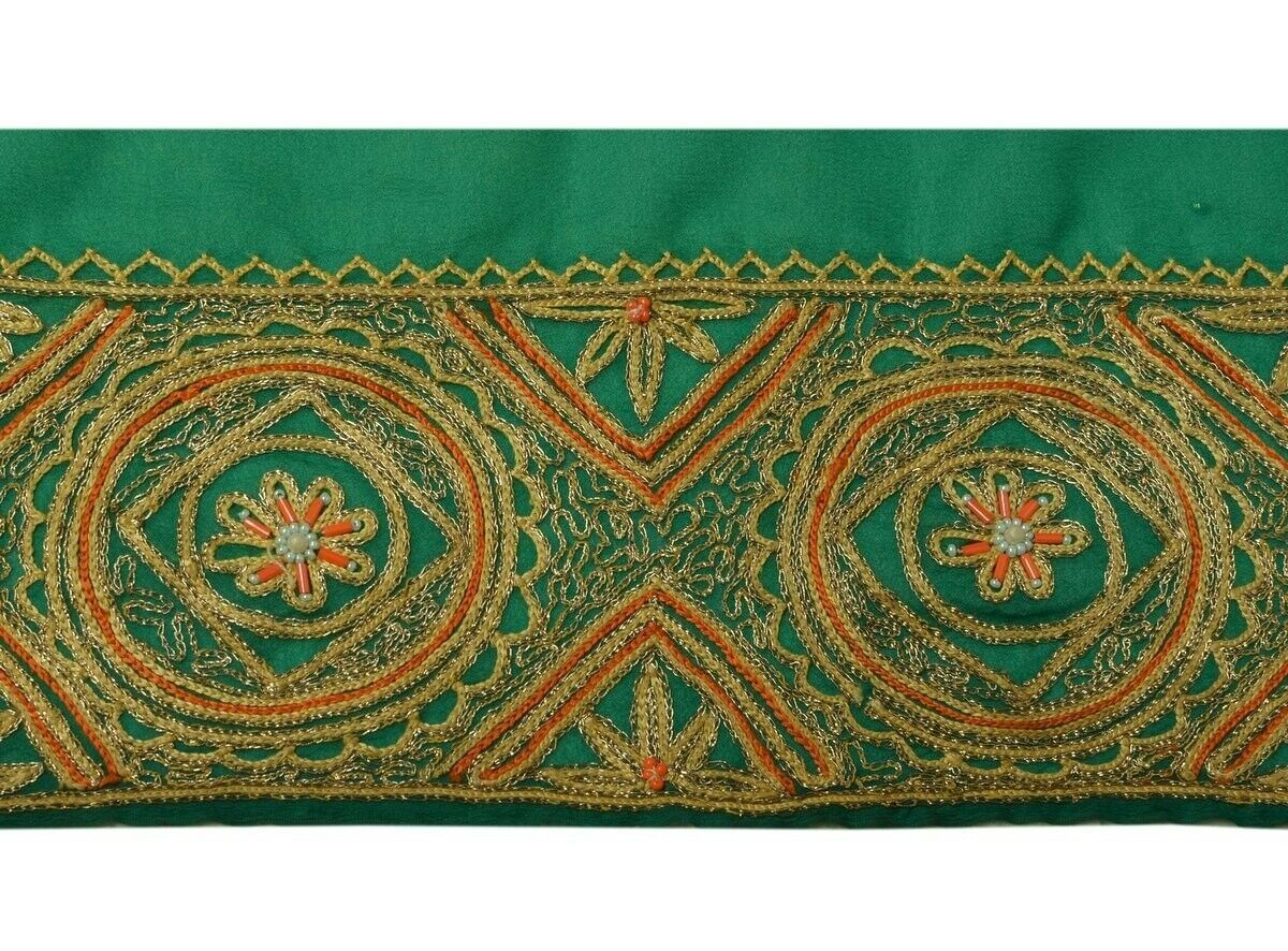 Vintage Sari Border Indian Craft Trim Embroidered Beaded Sew Ribbon Lace Green