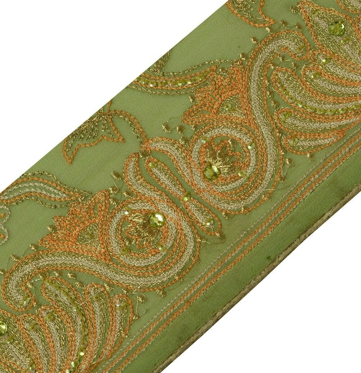 Vintage Sari Border Indian Craft Trim Hand Beaded Embroidered Ribbon Lace Green