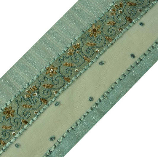 Vintage Sari Border Indian Craft Trim Hand Beaded Zardozi Green Ribbon Lace