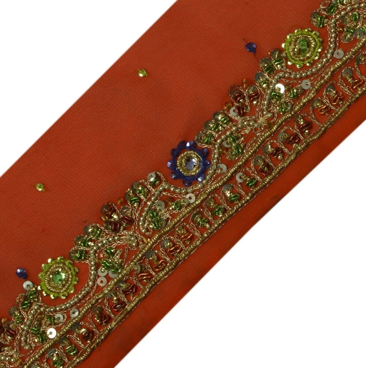 Vintage Sari Border Indian Craft Trim Beaded Embroidered Rusty Red Ribbon Lace