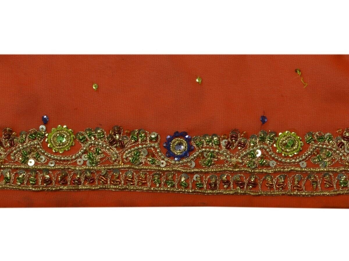 Vintage Sari Border Indian Craft Trim Beaded Embroidered Rusty Red Ribbon Lace