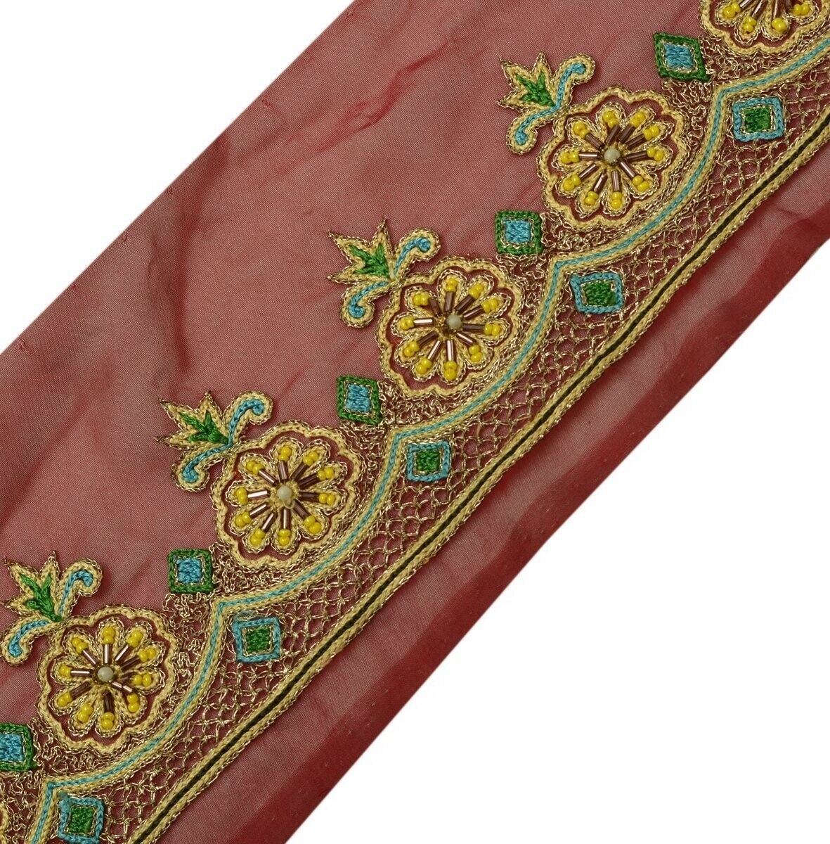 Vintage Saree Border Indian Craft Trim Beaded Embroidered Ribbon Lace Maroon