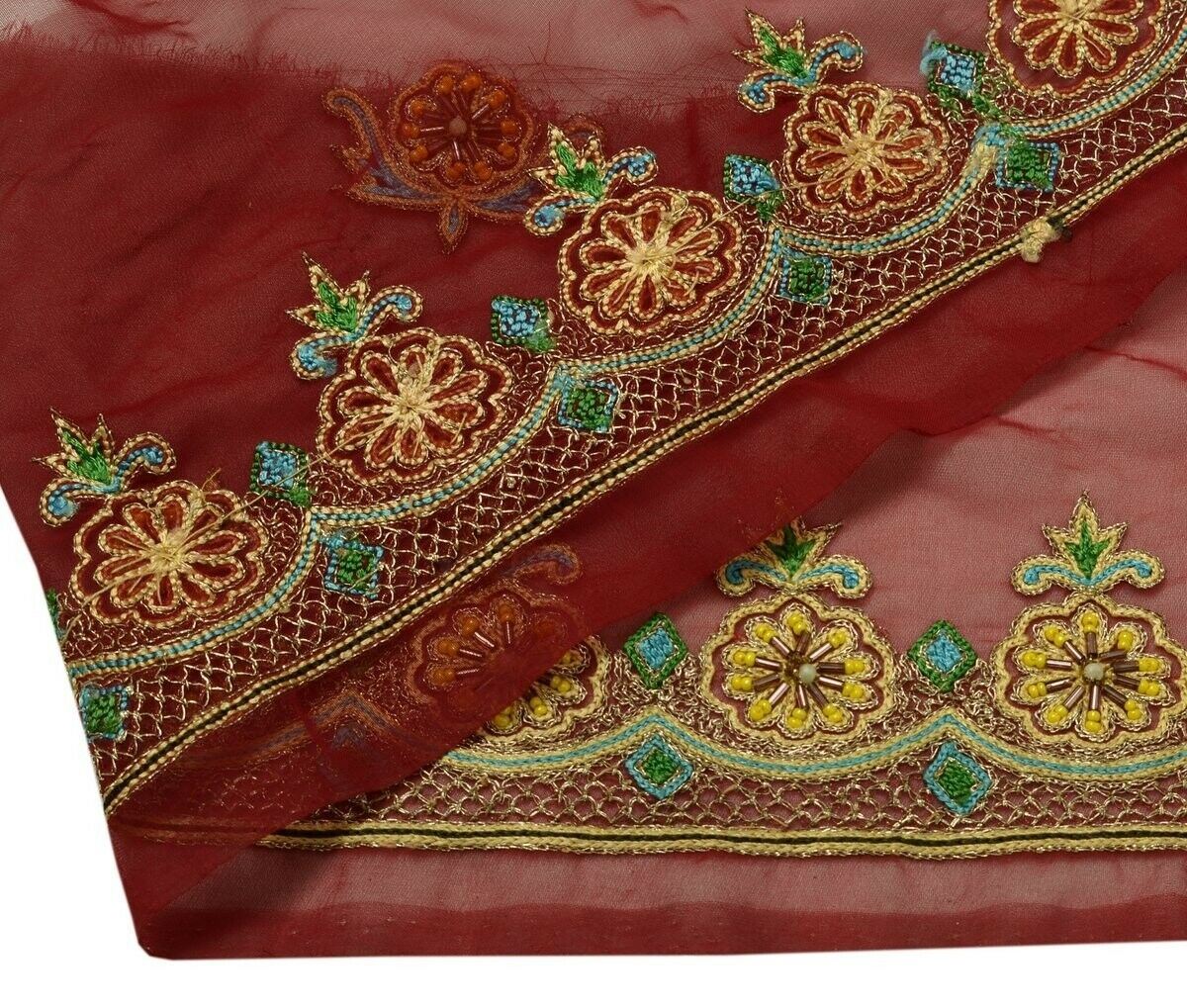 Vintage Saree Border Indian Craft Trim Beaded Embroidered Ribbon Lace Maroon