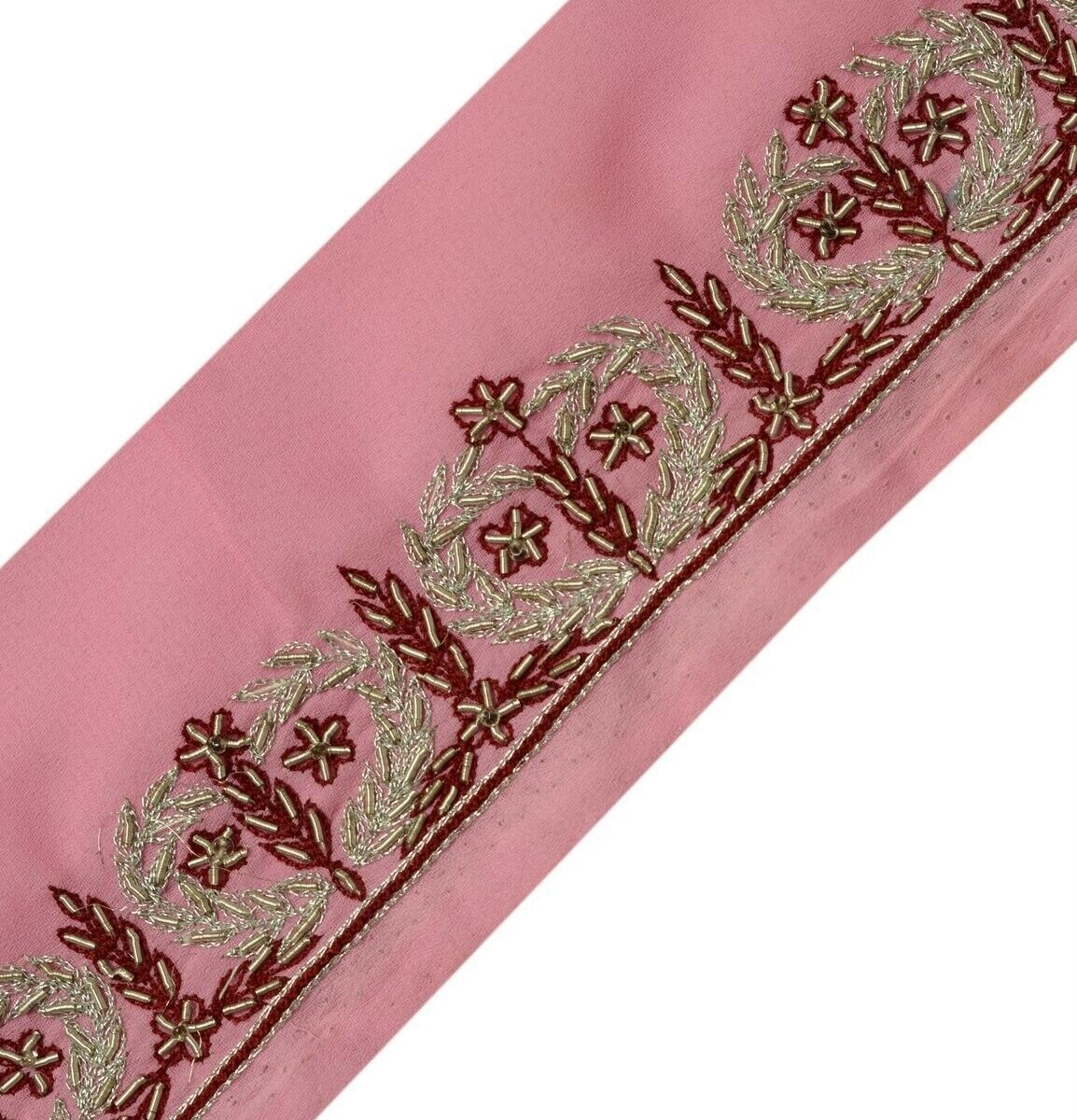 Vintage Saree Border Indian Craft Trim Hand Beaded Embroidered Ribbon Lace Pink