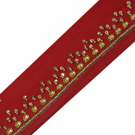 Vintage Saree Border Indian Craft Trim Antique Hand Beaded Ribbon Lace Maroon