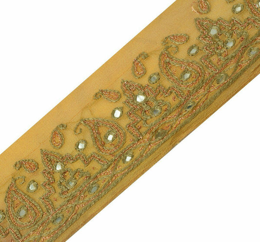 Vtg Saree Border Indian Craft Trim Antique Embroidered Mirror Work Lace Ribbon