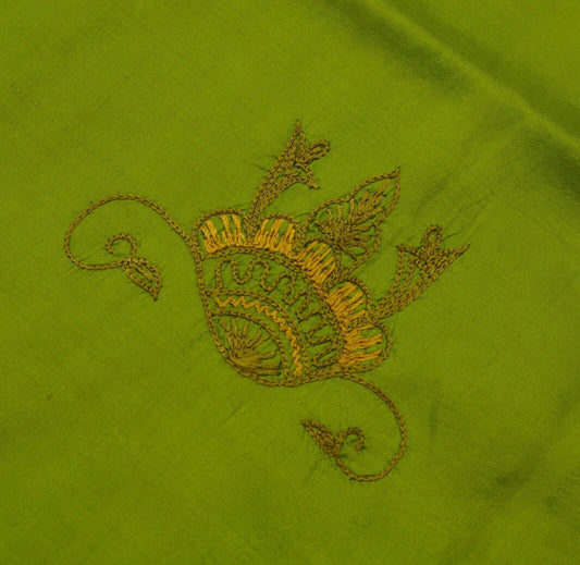 Vintage Saree Remnant Scrap Multi Purpose Craft Fabric Green Thread Embroidered