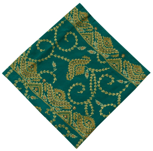 Vintage Saree Remnant Scrap Multi Purpose Craft Thread Embroidered Teal Fabric