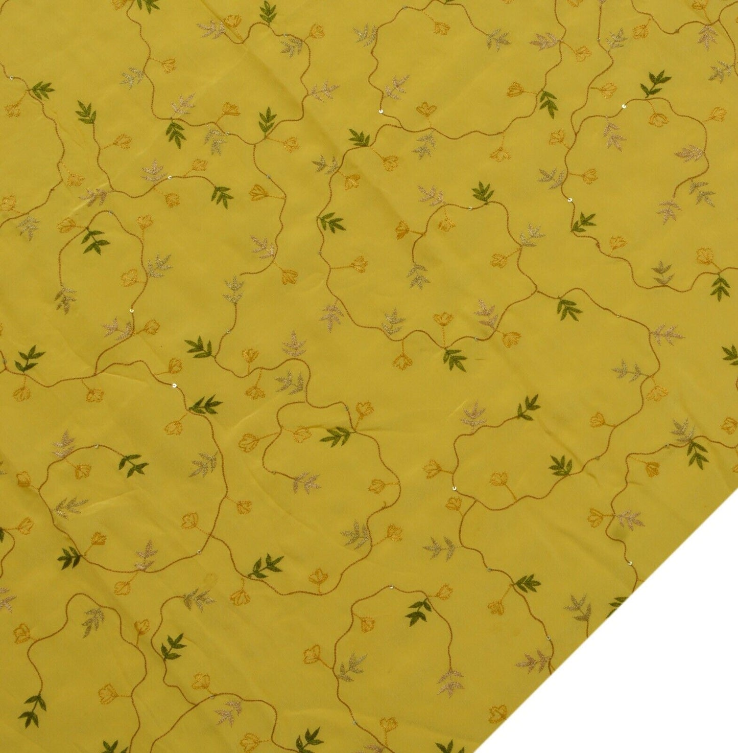 Vintage Saree Remnant Scrap Multi Purpose Craft Thread Embroidered Yellow Fabric
