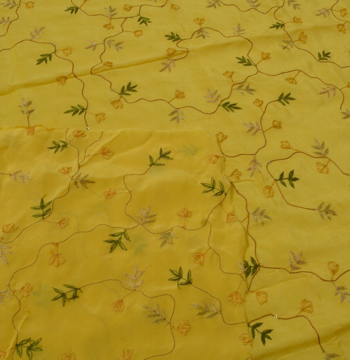 Vintage Saree Remnant Scrap Multi Purpose Craft Thread Embroidered Yellow Fabric