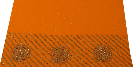 Vintage Saree Remnant Scrap Multi Purpose Craft Hand Beaded Orange Fabric